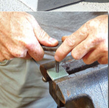 The solar panel is fastened to a glued-on pad with an embedded bolt, at top. Over-and-under nuts allow the panel’s height to be adjusted. Drew made the pads from precast fiberglass, tapped threads into them for the bolts, middle, then threaded and glued the bolts into the pads and ground them flush on the bottoms, at left.