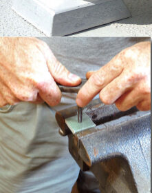 The solar panel is fastened to a glued-on pad with an embedded bolt, at top. Over-and-under nuts allow the panel’s height to be adjusted. Drew made the pads from precast fiberglass, tapped threads into them for the bolts, middle, then threaded and glued the bolts into the pads and ground them flush on the bottoms, at left.