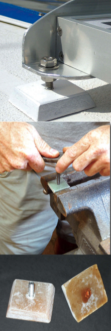 The solar panel is fastened to a glued-on pad with an embedded bolt, at top. Over-and-under nuts allow the panel’s height to be adjusted. Drew made the pads from precast fiberglass, tapped threads into them for the bolts, middle, then threaded and glued the bolts into the pads and ground them flush on the bottoms, at left.