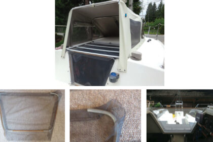 Henk’s insect screens, at top of page, are made of inexpensive materials and are easy to install. The dropboard screen, above left, is supported by a frame made of wooden dowels joined at the corners with flexible water hose, center. The excess screen seals the corners. The construction makes the frame adjustable to ensure a snug fit. It’s sufficiently rigid to stay in place, at right, and easy to stow.
