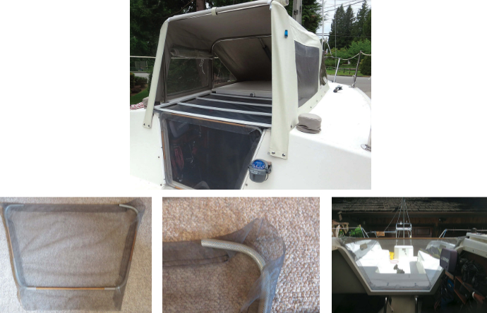 Henk’s insect screens, at top of page, are made of inexpensive materials and are easy to install. The dropboard screen, above left, is supported by a frame made of wooden dowels joined at the corners with flexible water hose, center. The excess screen seals the corners. The construction makes the frame adjustable to ensure a snug fit. It’s sufficiently rigid to stay in place, at right, and easy to stow.