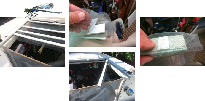 The screen that covers the top of the companionway opening, above left, is supported by wooden slats Velcroed to the screen material, at top. Tabs made of the Velcro loop side, above right, slide easily on the hatch runners. For stowing, above, the screen rolls up into a compact bundle.