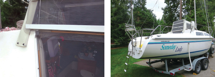 When the pop-top is in use, the companionway top screen, suspended by a Velcro strip, completes the closure of the vertical opening.