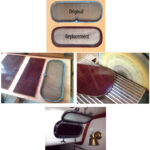 Art’s new screen, at top, began as a sheet of Garolite, above left. After tracing and cutting the shape of the original, he fine-tuned the outside edge on a stationary sander, above right, then test-fitted it in the port before cutting the inside edge, at left.