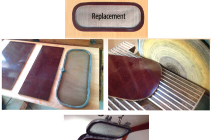 Art’s new screen, at top, began as a sheet of Garolite, above left. After tracing and cutting the shape of the original, he fine-tuned the outside edge on a stationary sander, above right, then test-fitted it in the port before cutting the inside edge, at left.