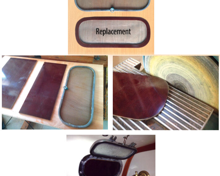 Art’s new screen, at top, began as a sheet of Garolite, above left. After tracing and cutting the shape of the original, he fine-tuned the outside edge on a stationary sander, above right, then test-fitted it in the port before cutting the inside edge, at left.