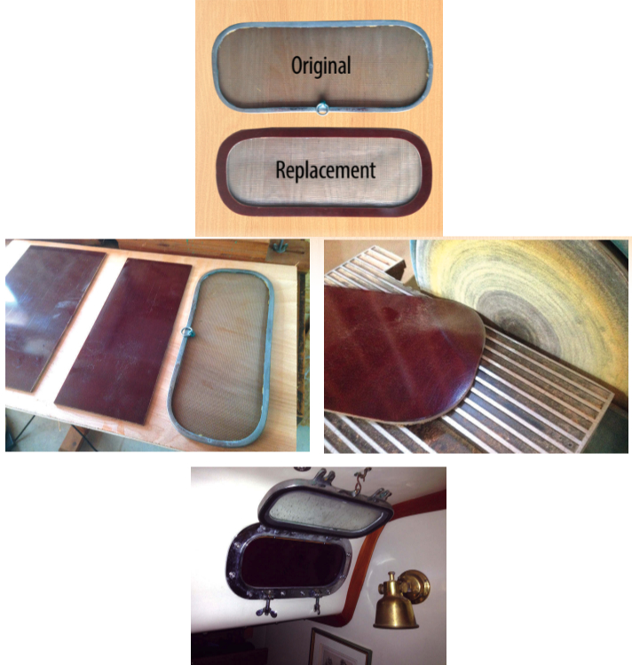 Art’s new screen, at top, began as a sheet of Garolite, above left. After tracing and cutting the shape of the original, he fine-tuned the outside edge on a stationary sander, above right, then test-fitted it in the port before cutting the inside edge, at left.