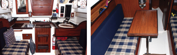 The galley is partially under the bridge deck and spans the cabin, at left, and the electrical panel and basic electronics fit tidily on the bulkhead. On Scotch’s Too III, the table fits on stainless-steel posts, either close over the port settee, at right, or centered between both.