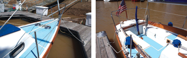 No serious provision is made on the foredeck for anchoring, at left, but the cleats and fairleads are adequate. The blue non-skid has held up fairly well on Scotch’s Too III. The toerail and rubbing strake are attractive and useful. Teak cockpit coamings, at right, are indicative of the quality of materials Cape Dory Yachts employed. There’s good stowage beneath the seats, which are long enough to lie down on.