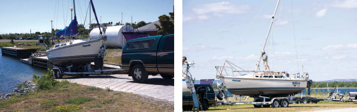 Due to its draft (2 feet 10 inches), the wing-keel version of the Catalina 25 often requires a trailer tongue extension to get the boat far enough down a typical ramp to float off the trailer, at left. Some mechanical advantage is needed when raising and lowering the mast. On Mañana, Bill Bennett uses the common arrangement of an A-frame and side-to-side bridles, at right.