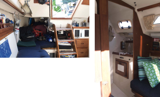 Many owners report using the quarter berth mostly for storage, at right. The head compartment, far right, can be closed off for privacy.