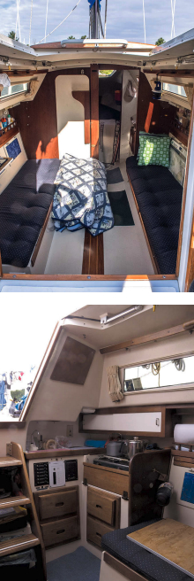A table mounted on the forward bulkhead, at top, can be folded away to open up the saloon for sleeping or just hanging out. The compact galley, above, has space for a two-burner cooktop and not much else. A few drawers, a cubby overhead, and shelves on the seatbacks are provided for storing dishes, cookware, and utensils.