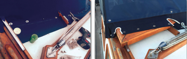 Between the traveler lines and the companionway sliding hatch, the dodger’s front panel presented several challenges. Dale fitted a stainless-steel frame over the hatch slide. The front of the dodger attaches to the frame with twist-lock fasteners. A canvas flap, seen unfinished at left, is attached to the deck with similar fasteners when the hatch is closed and detached when the hatch is open, at right.