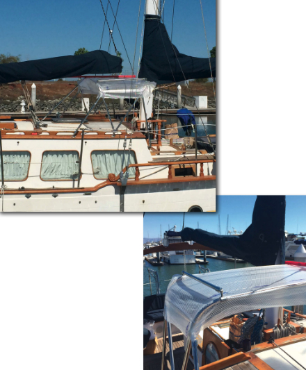 The dodger frame consisted of two bows with additional support from three struts in the front and two in the back to make it very rigid, above. The mainsheet traveler on the cabintop and the mizzenmast placed constraints on the dodger’s length. Dale also added two handrails to tie the two bows together, at right. Included in the Sailrite dodger kit was non-stretch pattern material and double-sided tape to hold it in place.