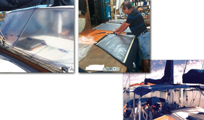 Stretched over the frame, the pattern material helps show what the finished dodger will look like, far left. Dale was planning to create a two-window enclosure similar in shape to the pilothouse. In Ramon’s shop, at left, Ramon and Dale transferred the dodger pattern onto the canvas that came with the Sailrite kit. After several fittings and the addition of zippers, the top was done, below, complete with leather reinforcements where the handrails join the frame.