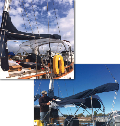 Once he was satisfied with the bimini frame, Dale made a pattern for the cover, at left. As the bimini took shape, Ramon brought it to MoonShadow several times to make adjustments and to ensure a good fit, below.
