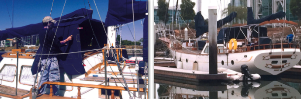 The dodger’s side panels (without windows as yet) attach to the front and top with zippers, at left. Stitching shows where the fabric will be cut out by the rear strut to make a handhold. When adjusting the bimini frames, Dale checked their alignment from a distance, at right.