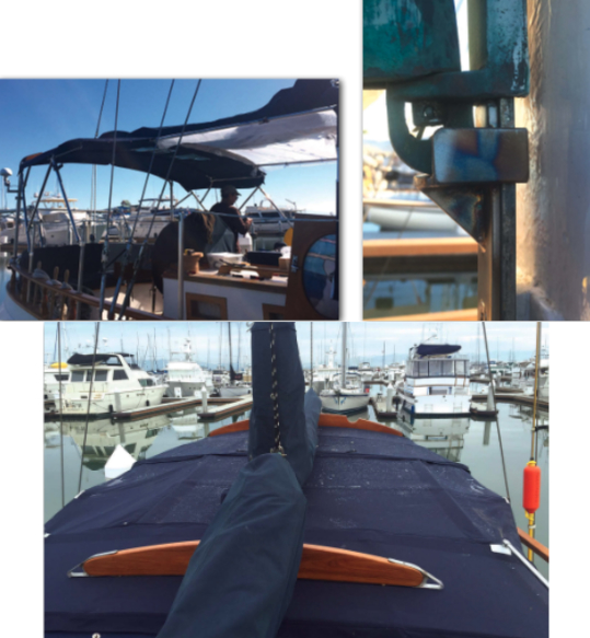 To make the pattern for the connector panel, Dale and Ramon stretched the pattern material over the two tubes that join the dodger to the bimini, at left. The mizzen boom was too low, so Dale had a piece made up that he could fasten to the gooseneck track to support the boom where it was clear of the connector panel, at right. The dodger, bimini, and connector make a continuous cover over the entire length of the cockpit, below.
