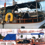 Dale and Wendy Bagnell’s cockpit canvas project, above, began with a Sailrite kit that included Sunbrella fabric, pattern material, support tubes, fasteners, thread, and sewing materials needed to make a dodger. A bimini, also from a kit, and a panel that connects it to the dodger soon followed. The starting point for the project was a sketch that Dale drew over a photo of MoonShadow, at left, that he took after hoisting the sails to ensure he would allow for sufficient clearance under the booms.