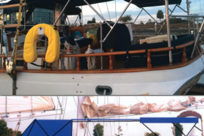 Dale and Wendy Bagnell’s cockpit canvas project, above, began with a Sailrite kit that included Sunbrella fabric, pattern material, support tubes, fasteners, thread, and sewing materials needed to make a dodger. A bimini, also from a kit, and a panel that connects it to the dodger soon followed. The starting point for the project was a sketch that Dale drew over a photo of MoonShadow, at left, that he took after hoisting the sails to ensure he would allow for sufficient clearance under the booms.