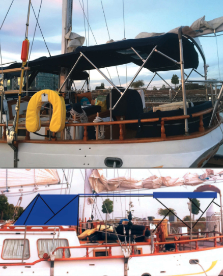 Dale and Wendy Bagnell’s cockpit canvas project, above, began with a Sailrite kit that included Sunbrella fabric, pattern material, support tubes, fasteners, thread, and sewing materials needed to make a dodger. A bimini, also from a kit, and a panel that connects it to the dodger soon followed. The starting point for the project was a sketch that Dale drew over a photo of MoonShadow, at left, that he took after hoisting the sails to ensure he would allow for sufficient clearance under the booms.