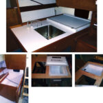 The finished galley counter with the fridge installed is a compact workspace, at top. To begin, Ric installed the forward and aft bulkheads and fitted shelves along the hull, at left. The cabinet front is just tacked in place. After cutting the plywood countertop to size and cutting out openings for the sink and fridge, center, he dropped the Engel MB40 in place to work out the supports. He then built supports around the opening to keep the lid in place and provide a good seal, at right. The aft lid support creates a lip for the lid to slide under.