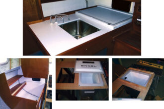 The finished galley counter with the fridge installed is a compact workspace, at top. To begin, Ric installed the forward and aft bulkheads and fitted shelves along the hull, at left. The cabinet front is just tacked in place. After cutting the plywood countertop to size and cutting out openings for the sink and fridge, center, he dropped the Engel MB40 in place to work out the supports. He then built supports around the opening to keep the lid in place and provide a good seal, at right. The aft lid support creates a lip for the lid to slide under.