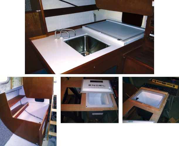 The finished galley counter with the fridge installed is a compact workspace, at top. To begin, Ric installed the forward and aft bulkheads and fitted shelves along the hull, at left. The cabinet front is just tacked in place. After cutting the plywood countertop to size and cutting out openings for the sink and fridge, center, he dropped the Engel MB40 in place to work out the supports. He then built supports around the opening to keep the lid in place and provide a good seal, at right. The aft lid support creates a lip for the lid to slide under.