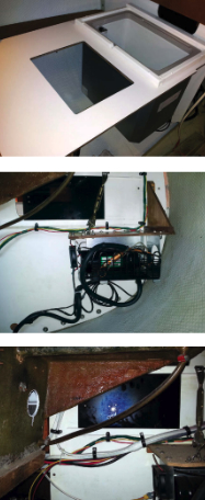 Ric sealed the lid supports and painted them with Interlux Brightsides to match the Formica, at top. He attached the condensing unit to a shelf on the bulkhead inside the cockpit locker, center. A three-inch hole drilled in the cockpit in front of the condensing unit’s fan, above, provides the air needed for keeping the unit cool.