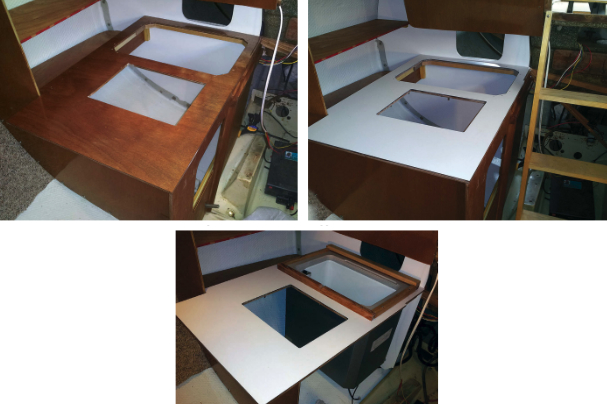 Ric sealed the countertop with penetrating epoxy, above left, then epoxied Formica to it, above right. The countertop and front are not yet installed. He fitted the Engel into the countertop hole, built out the lid supports, then eased the whole assembly into place, below.
