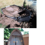 In need of an inexpensive tender for his new liveaboard accommodations, Robert resurrected an old fiberglass dinghy that had been entombed as a planter, above. It was generally sound except for a few thin areas. Cleaned up, patched, and painted, it serves its new master well, at top.