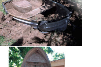 In need of an inexpensive tender for his new liveaboard accommodations, Robert resurrected an old fiberglass dinghy that had been entombed as a planter, above. It was generally sound except for a few thin areas. Cleaned up, patched, and painted, it serves its new master well, at top.