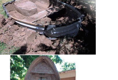 In need of an inexpensive tender for his new liveaboard accommodations, Robert resurrected an old fiberglass dinghy that had been entombed as a planter, above. It was generally sound except for a few thin areas. Cleaned up, patched, and painted, it serves its new master well, at top.