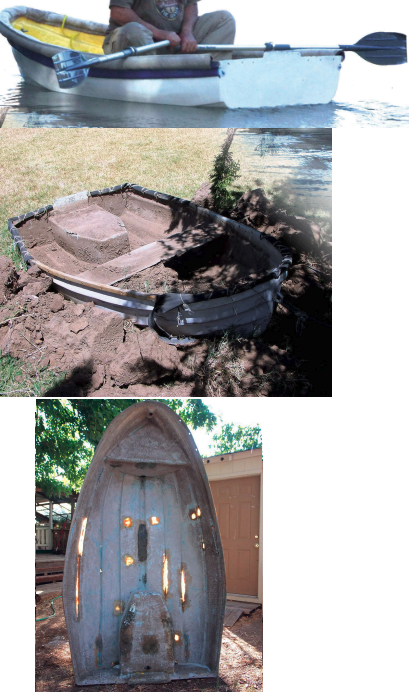 In need of an inexpensive tender for his new liveaboard accommodations, Robert resurrected an old fiberglass dinghy that had been entombed as a planter, above. It was generally sound except for a few thin areas. Cleaned up, patched, and painted, it serves its new master well, at top.