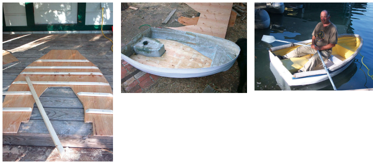 A friend made a floor for the dinghy, at left and above left, and a seat. After repairing the holes, Robert painted the boat inside and out and fitted a gunwale guard of wood, foam, and fire hose. The result is a serviceable rowboat with a new lease on life, at right.