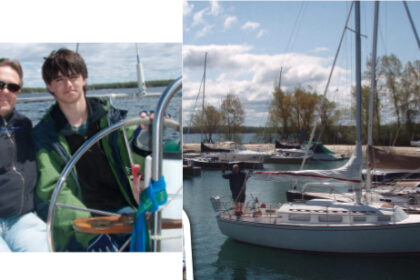 Cabaret in Charlevoix, with Mark standing at her stern, awaits her new adventure, main photo. Her new owner, Jim, and his son Nick made up the rest of the delivery crew, at left.