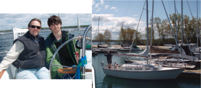 Cabaret in Charlevoix, with Mark standing at her stern, awaits her new adventure, main photo. Her new owner, Jim, and his son Nick made up the rest of the delivery crew, at left.
