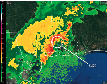 This base reflectivity radar image shows precipitation detected in the lowest layer of the atmosphere by station KMOB. Colors from green to red indicate increasing intensity of the precipitation.