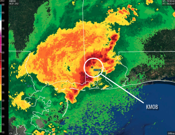 A composite reflectivity radar image from the same station combines data from multiple levels in the atmosphere to create a more complete picture of the storms or clouds encountered.