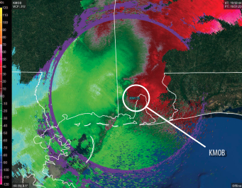 This base velocity radar image displays the speed at which the storm’s rain (and by extension, the storm) is moving relative to the radar station KMOB.