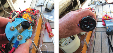 With the sensor terminal open, at left, most gauges with senders will read zero, at right.