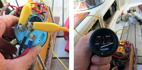 With the sensor terminal shorted to ground, at left, the needle will go to full scale, at right.