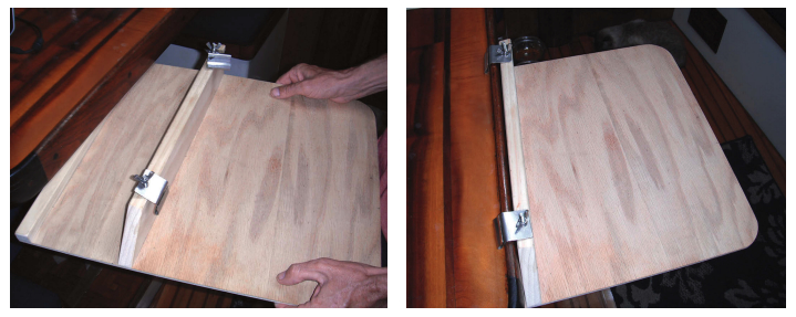 Connie requested that her extra work surface be easy to attach and detach. Dave fulfilled that by hanging it off the dinette table’s fiddle with a pair of brackets, at left. Connie slides the extension (that anchors the cantilevered surface) under the dinette table, spins down a couple of wingnuts, above right.