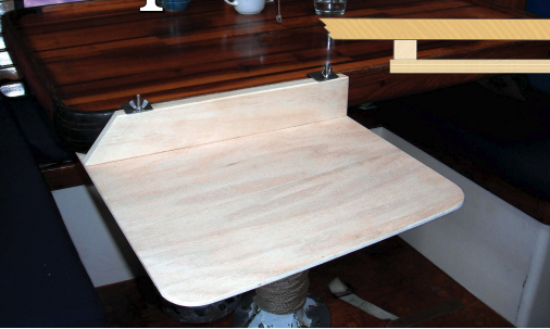 The dinette table didn’t meet Connie’s needs as a desk for a liveaboard writer, so Dave, her handy husband, fashioned a small extension that can be quickly attached or removed.