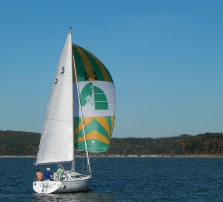 Wayne and Mary Ellen sail Wings on Indiana’s Lake Monroe and still fly her Liberty Cup spinnaker.