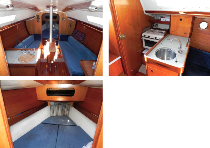 Although built on a fiberglass liner pan, the interior has a bounty of wood surfaces and trim, above left, including tongue-and-groove ceiling on the hull sides in the saloon. The table is fitted around the compression post under the mast step. A gimbaled stove/oven, an icebox, and a round sink define the galley, above, and the door to the aft stateroom opens into it. The V-berth is tight for two, at left. An insert at the head (not visible), when removed, allows room to stand. The end of the starboard settee doubles as the seat for the nav station, at left on facing page, which is something of a luxury on a 28-foot boat. Aft of the nav desk, the head compartment is tucked partly under the cockpit, center. Although the berth in the aft stateroom is generous in terms of area, far right, the part of it under the cockpit is not for the claustrophobic. A seat and standing headroom make dressing in private possible.