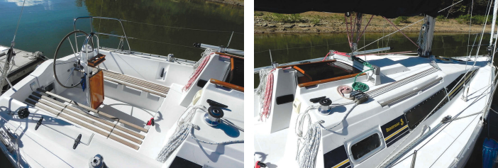 The cockpit seatback angles are a little tight, at left, but the teak slats provide good footing and handholds. The recessed companionway entrance adds a little area to the bridge deck for crew working with the sail controls clustered on the cabintop, at right.