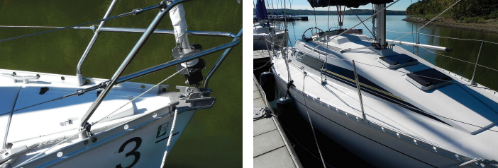 Even though it dates to the mid 1980s, the Beneteau First 285 still catches the eye with its crisp lines, top of facing page. The foredeck is equipped with an anchor roller and rode locker, at left, and inboard shrouds allow easy passage along the wide sidedecks, at right.