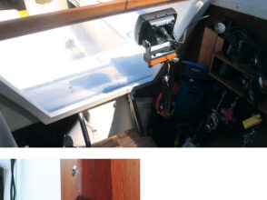 The piece of clear Plexiglas that Henk used for the hatchboard was short by two inches, at top, but that proved to be a good thing as the gap allows for ventilation but, most of the time, does not admit rain. For those occasions when the wind and rain are from aft, a teak strip closes the gap, above. After expanding the storage space a little, Henk is able to stow the Plexiglas board alongside the normal hatchboard, at left.