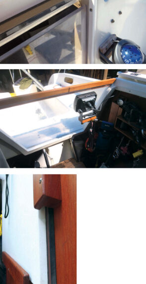 The piece of clear Plexiglas that Henk used for the hatchboard was short by two inches, at top, but that proved to be a good thing as the gap allows for ventilation but, most of the time, does not admit rain. For those occasions when the wind and rain are from aft, a teak strip closes the gap, above. After expanding the storage space a little, Henk is able to stow the Plexiglas board alongside the normal hatchboard, at left.